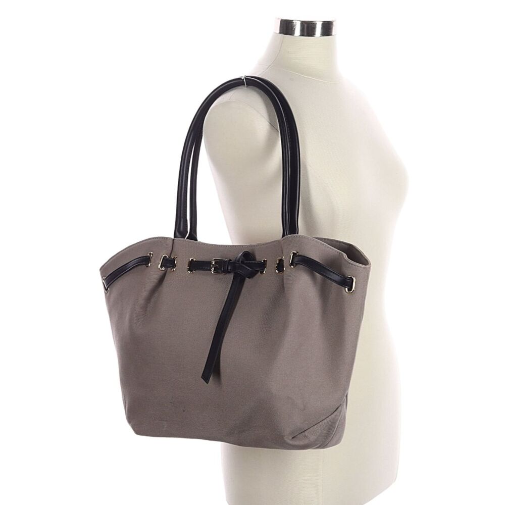 Anthropologie Gray Taupe Tote Bag Black Trim Gold Hardware Shoulder Bag